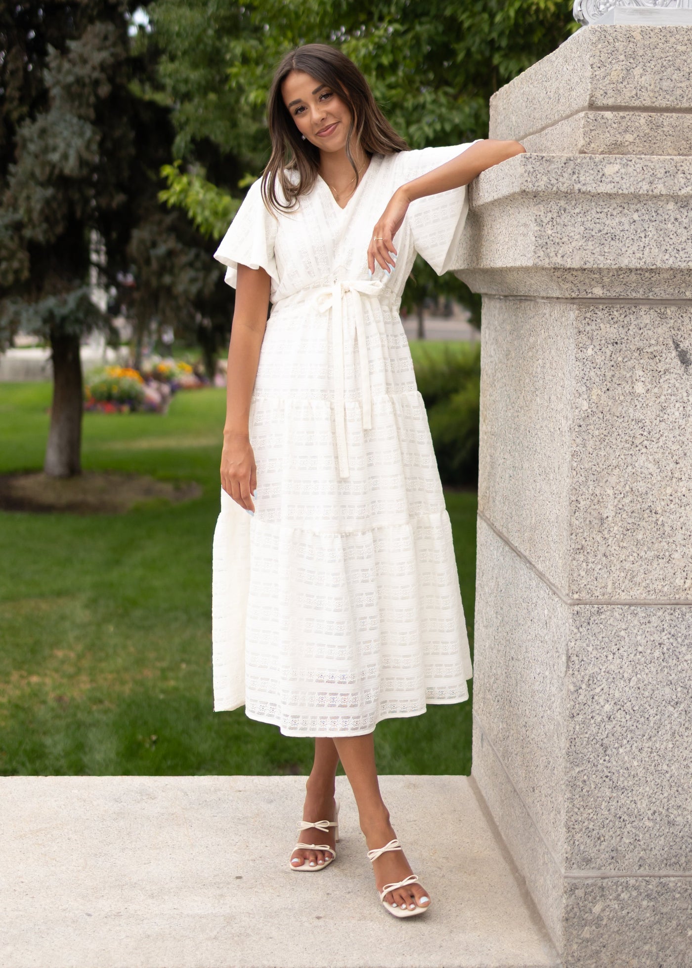 Lena Lou ivory textured tie dress with short sleeves at Lena Layne