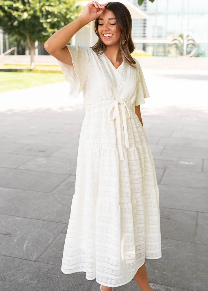 Alana Ivory Textured Tie Dress - Elegant Dress | Lena Layne