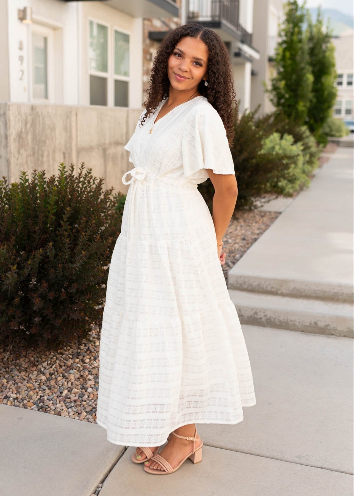 Modest Lena Lou ivory textured tie dress