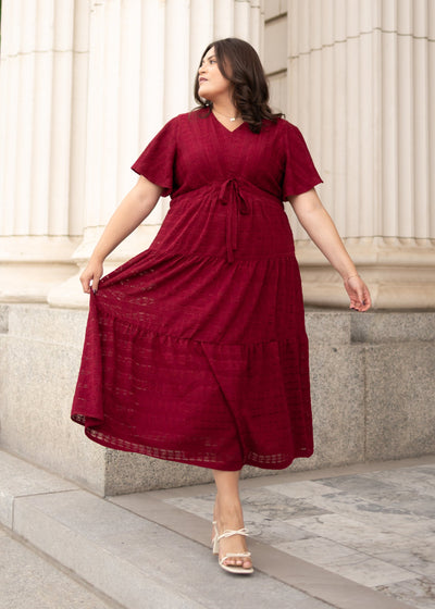 Modest maroon textured tie dress with short sleeves in plus size at Lena Layne