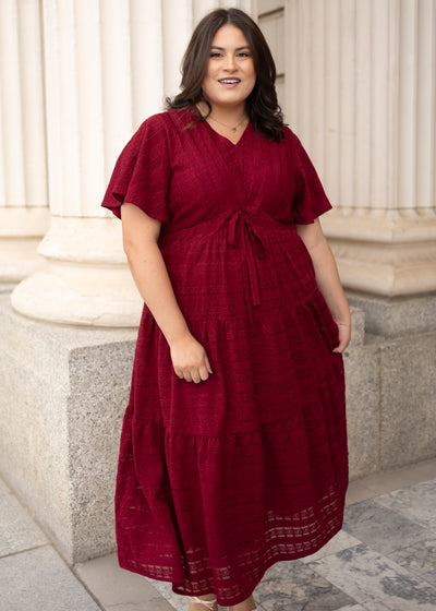 Modest Vneck maroon textured tie dress with tiered skirt