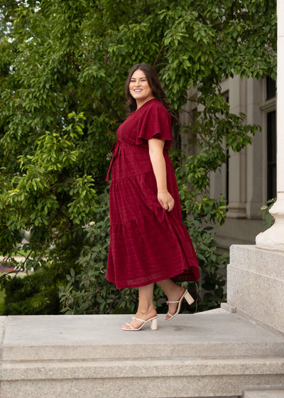 Short sleeve plus size maroon textured tie dress at Lena Layne