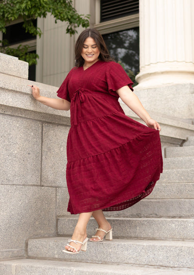 Modest Lena Lou maroon textured tie dress
