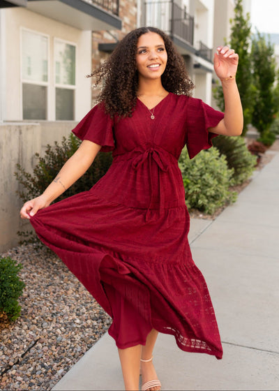 Maroon textured tie dress