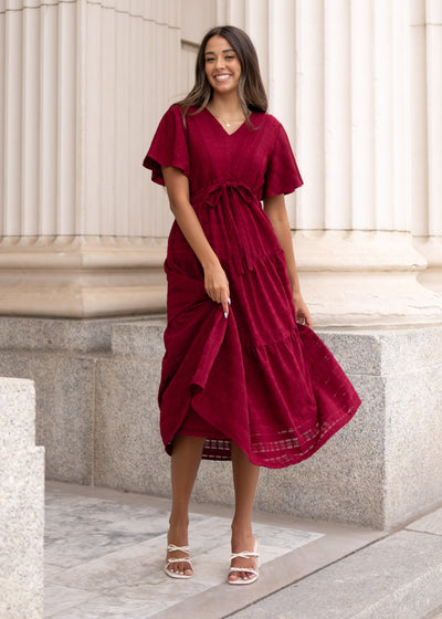 Maroon textured tie dress