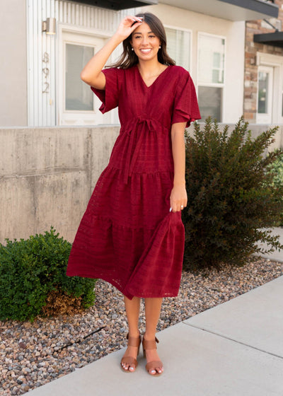 Modest maroon textured tie dress with short sleeves