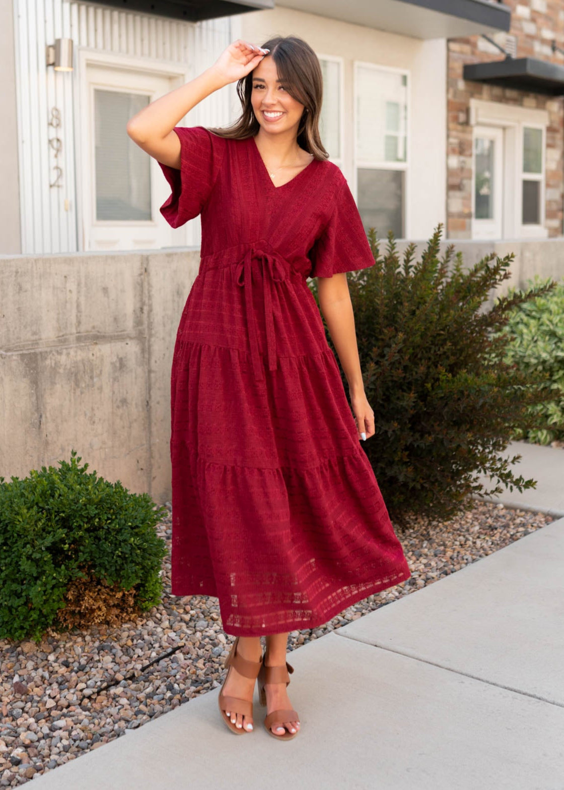 Modest short sleeve maroon textured tie dress by Lena Lou