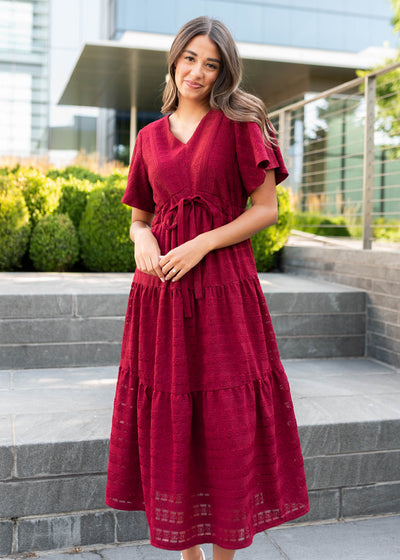 Modest maroon textured tie dress with short sleeves
