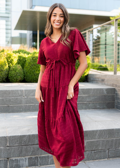 Short sleeve modest maroon textured tie dress