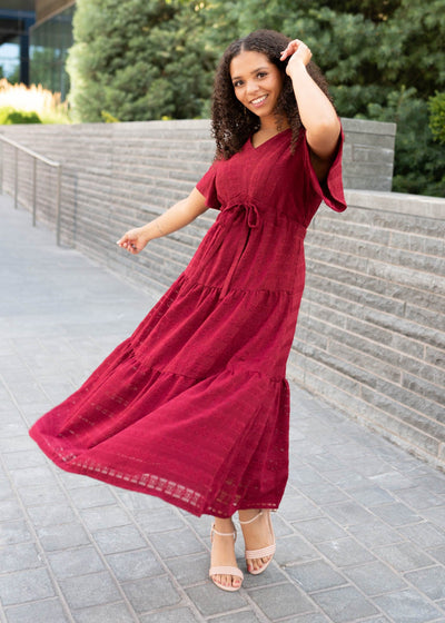 Modest short sleeve maroon textured tie dress