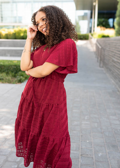 Modest maroon textured tie dress