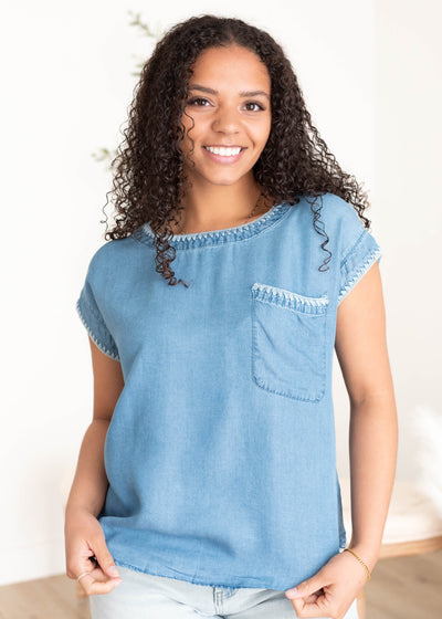 Short sleeve embroidered denim top