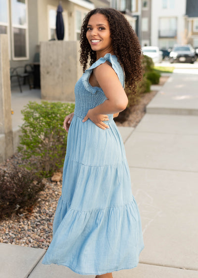 Side view of the chambray tiered dress