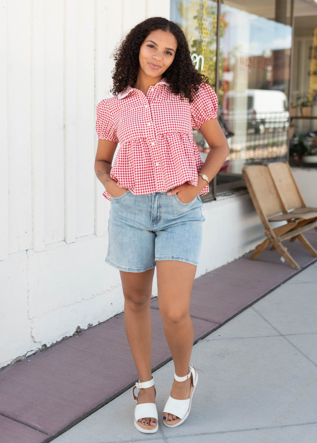 Alessia Red Gingham Blouse - Eyelet Lace Collar, Pearl Buttons