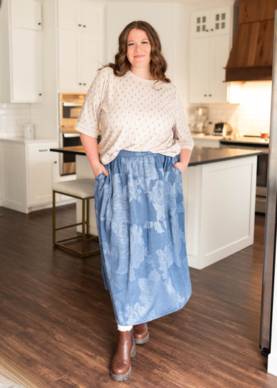 Plus size gathered waist chambray tiered skirt