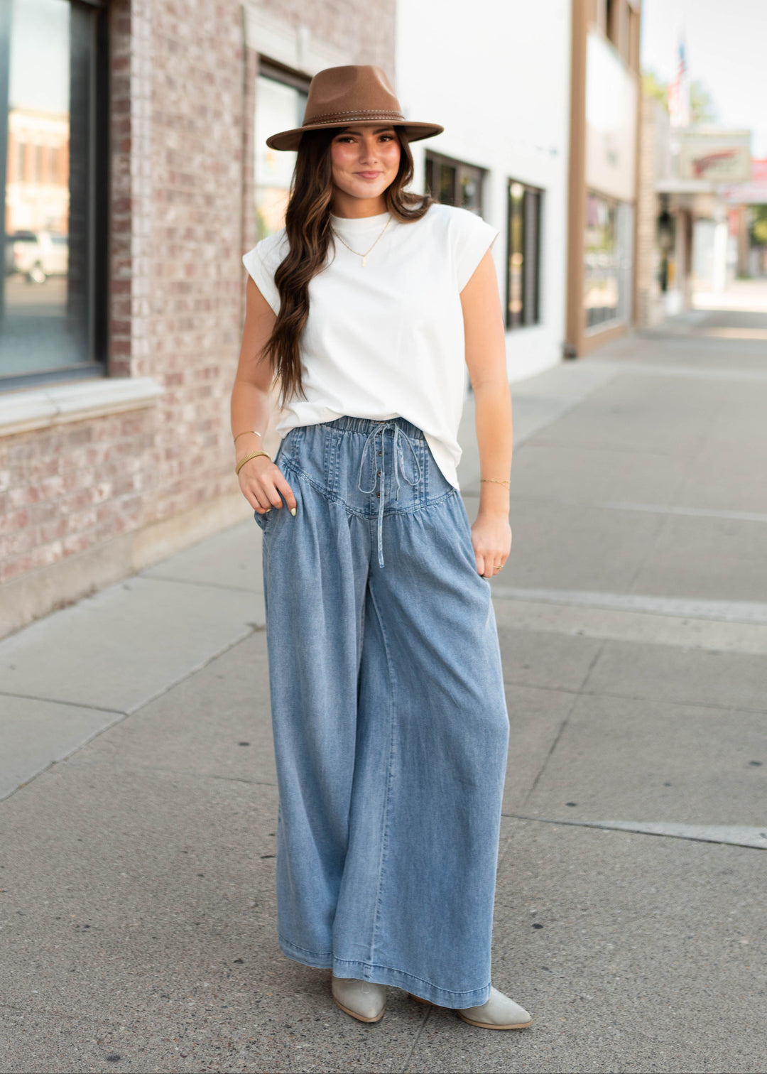 Alexandra Chambray Pleated Wide Leg Pants | Lena Layne
