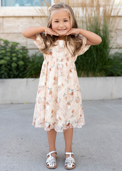 Ivory floral lace little girls dress with short sleeves