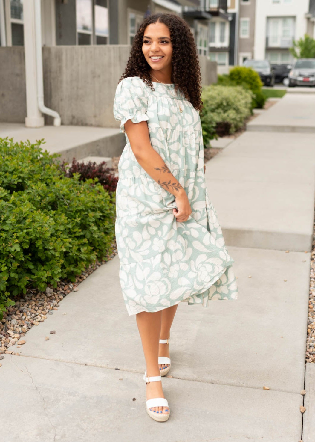 Tiered sage floral dress