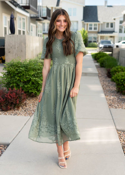 Deep sage embroiered dress with smocked bodice