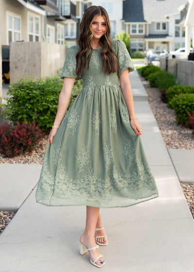 Deep sage embroidered dress with short sleeves