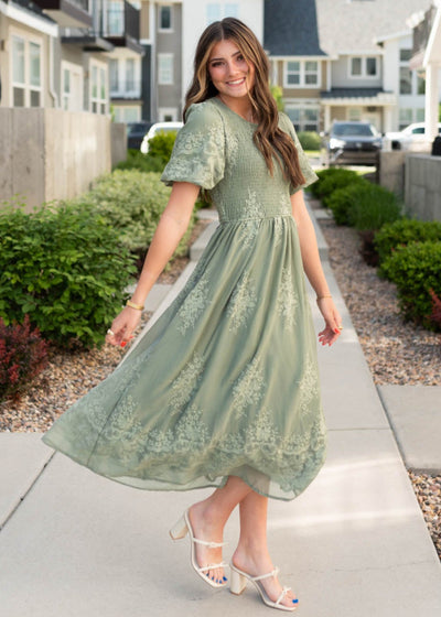 Short sleeve deep sage embroidered dress
