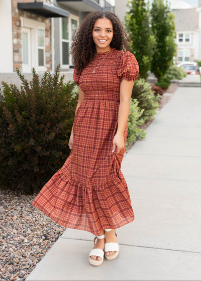 Short sleeve modest brick red plaid dress at Lena Layne 