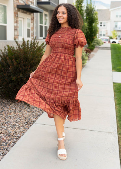 Brick red plaid dress at Lena Layne