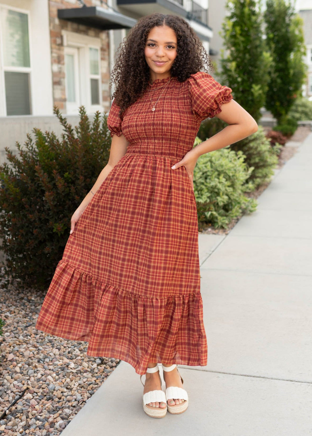 Alyssa Brick Red Plaid Midi Dress Blu Pepper – Lena Layne