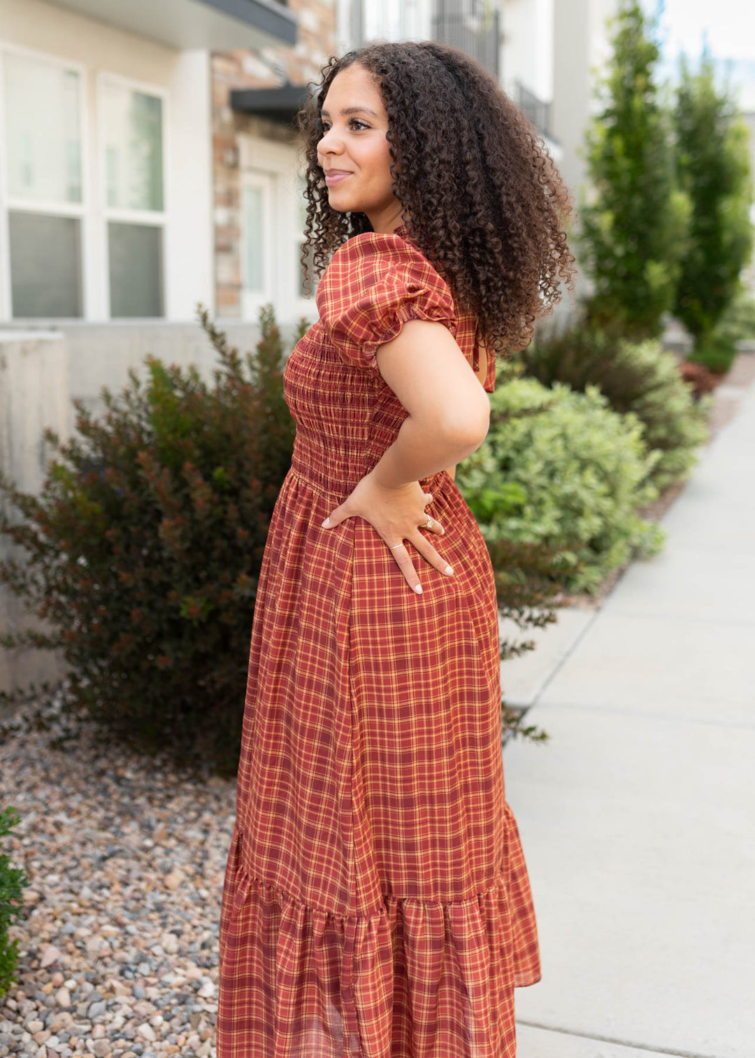 Alyssa Brick Red Plaid Midi Dress Blu Pepper – Lena Layne