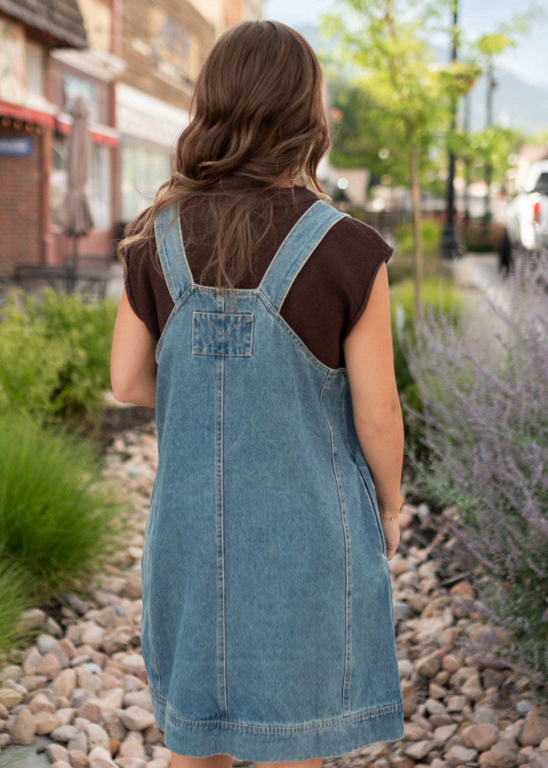 ladies denim overall dress Dark  Layla Lael Button closures and pockets on both sides Women's Denim Overall Dress Adjustable