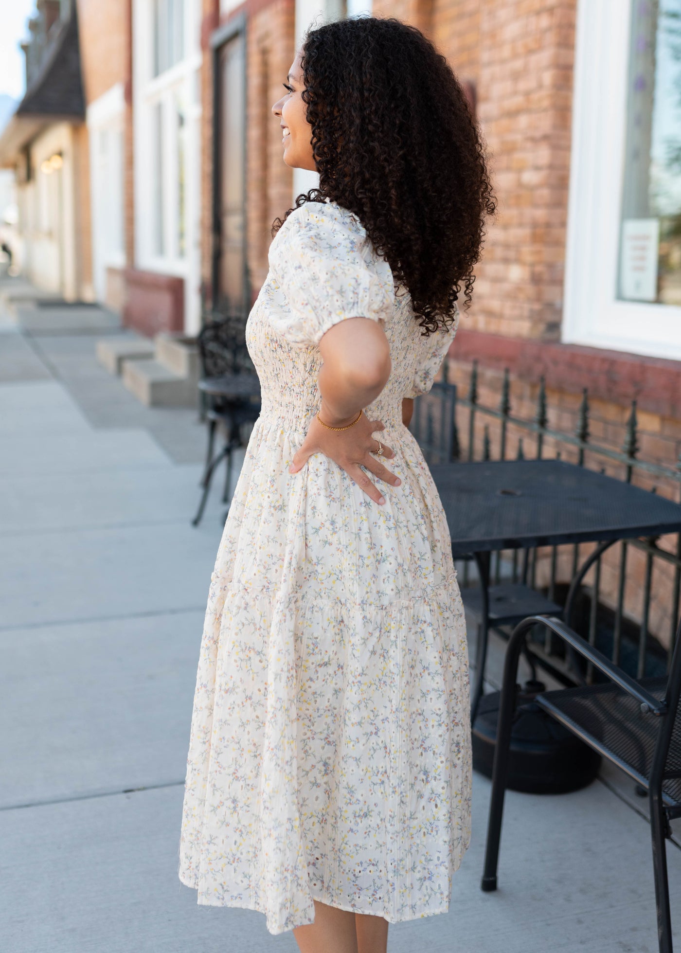 Amara Yellow Floral Midi Dress - Square Neck, Smocked Bodice