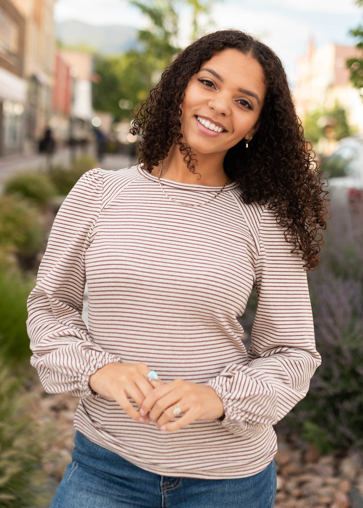 Amelia Oatmeal & Brown Striped Long Sleeve Top – Lena Layne