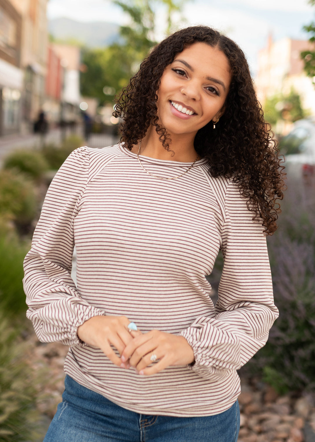 Amelia Oatmeal & Brown Striped Long Sleeve Top – Lena Layne