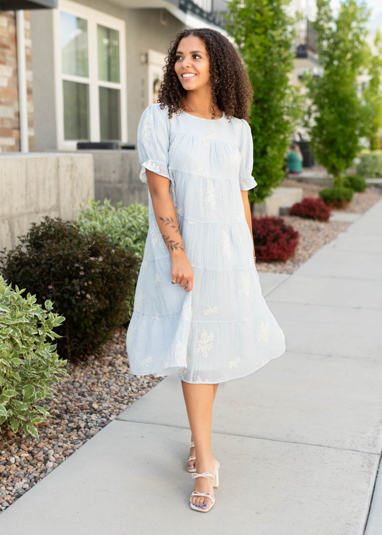 Soft blue dress with short sleeves