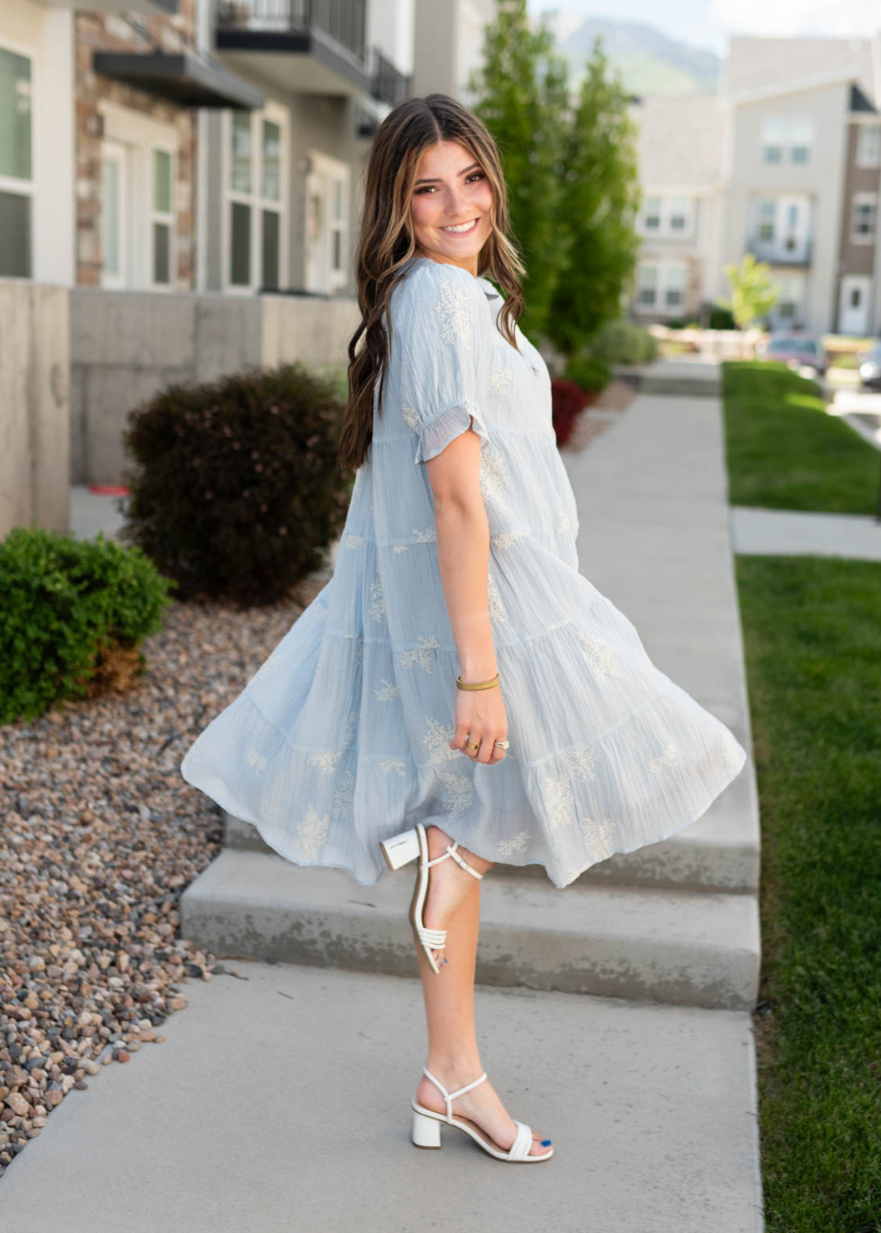 Side view of the soft blue dress
