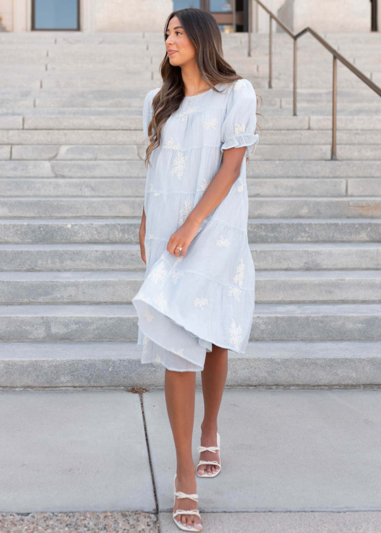Side view of the soft blue dress