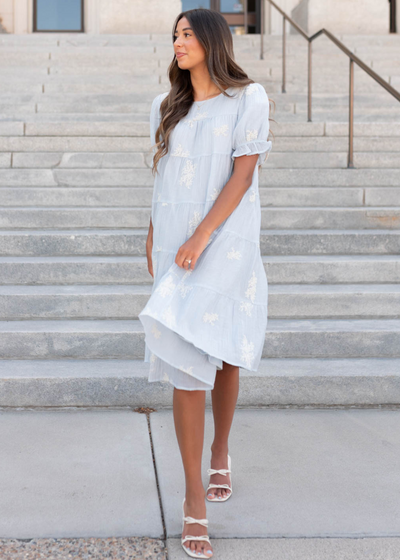 Side view of the soft blue dress