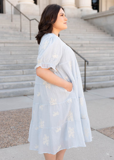Side view of the soft blue dress