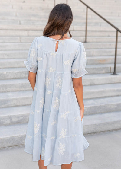 Back view of the soft blue dress