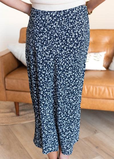 Back view of the navy floral skirt