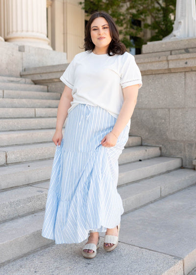 Plus size tiered blue pinstripe skirt 