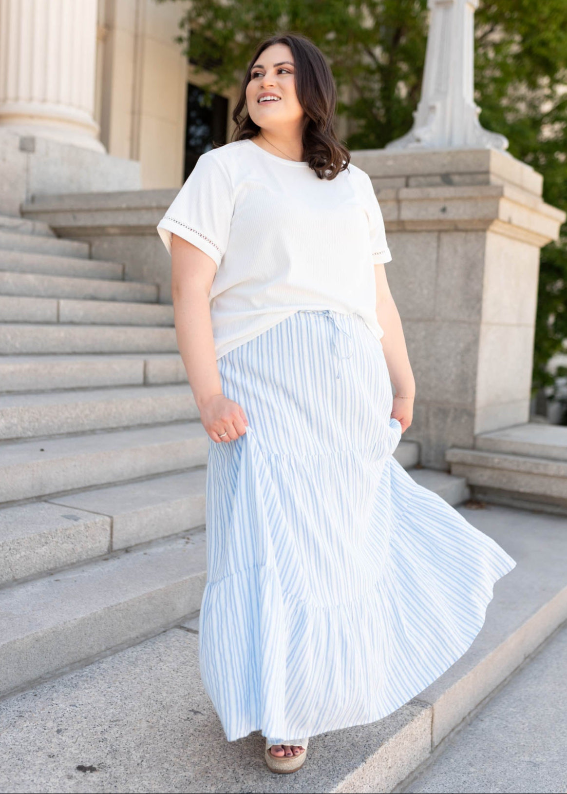 Tie at the waist on the blue pinstripe skirt in plus size