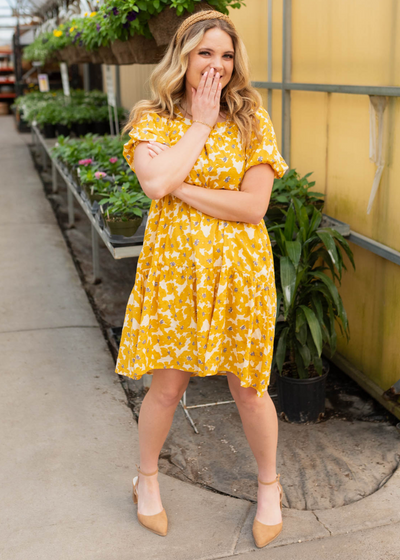 Short sleeve mustard floral dress