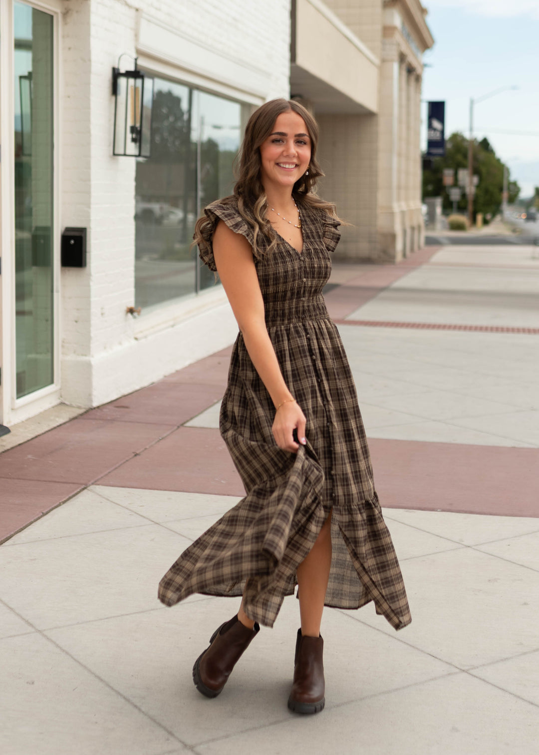 Ann Brown Plaid Smocked Midi Dress | Lena Layne
