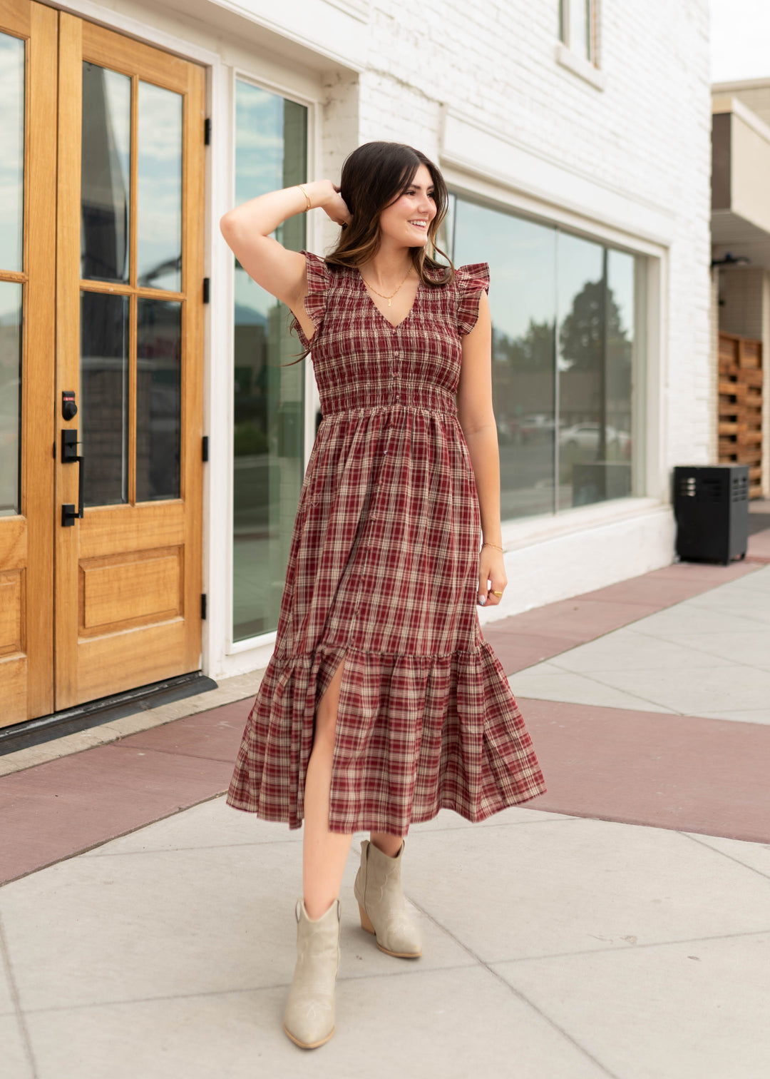 Savannah Plaid Smocked Midi Dress