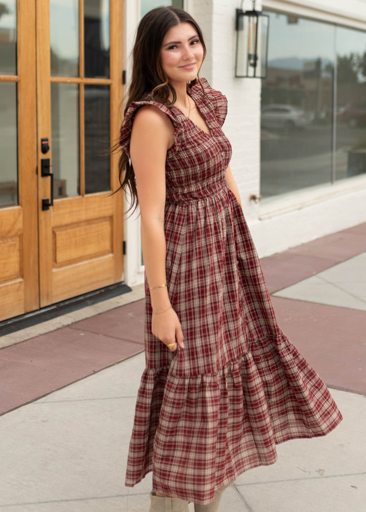 Savannah Plaid Smocked Midi Dress