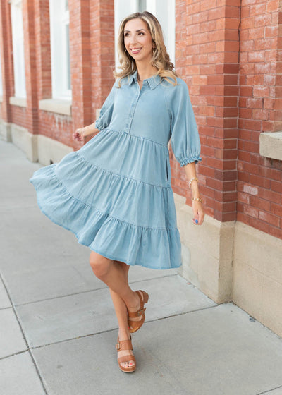 Lena Lou exclusive chambray tiered dress at Lena Layne