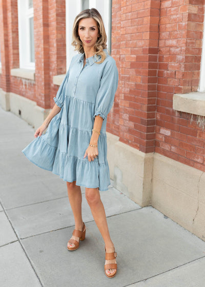 Chambray tiered dress in sizes xs to 3x