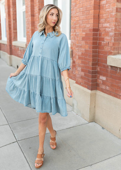 Chambray tiered dress with elbow length sleeves