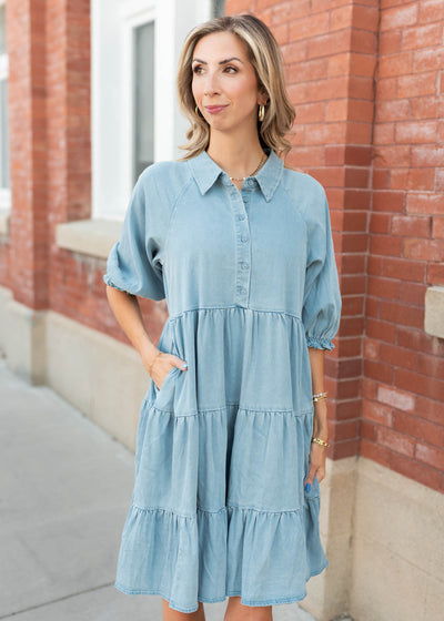 Modest chambray tiered dress with pockets at Lena Layne